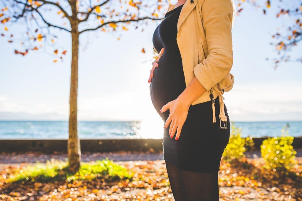 A pregnant woman stands in an autumnal setting by the water.